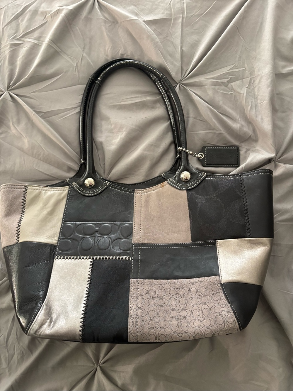 Coach Patchwork Leather Tote in Black, Taupe and Metallic